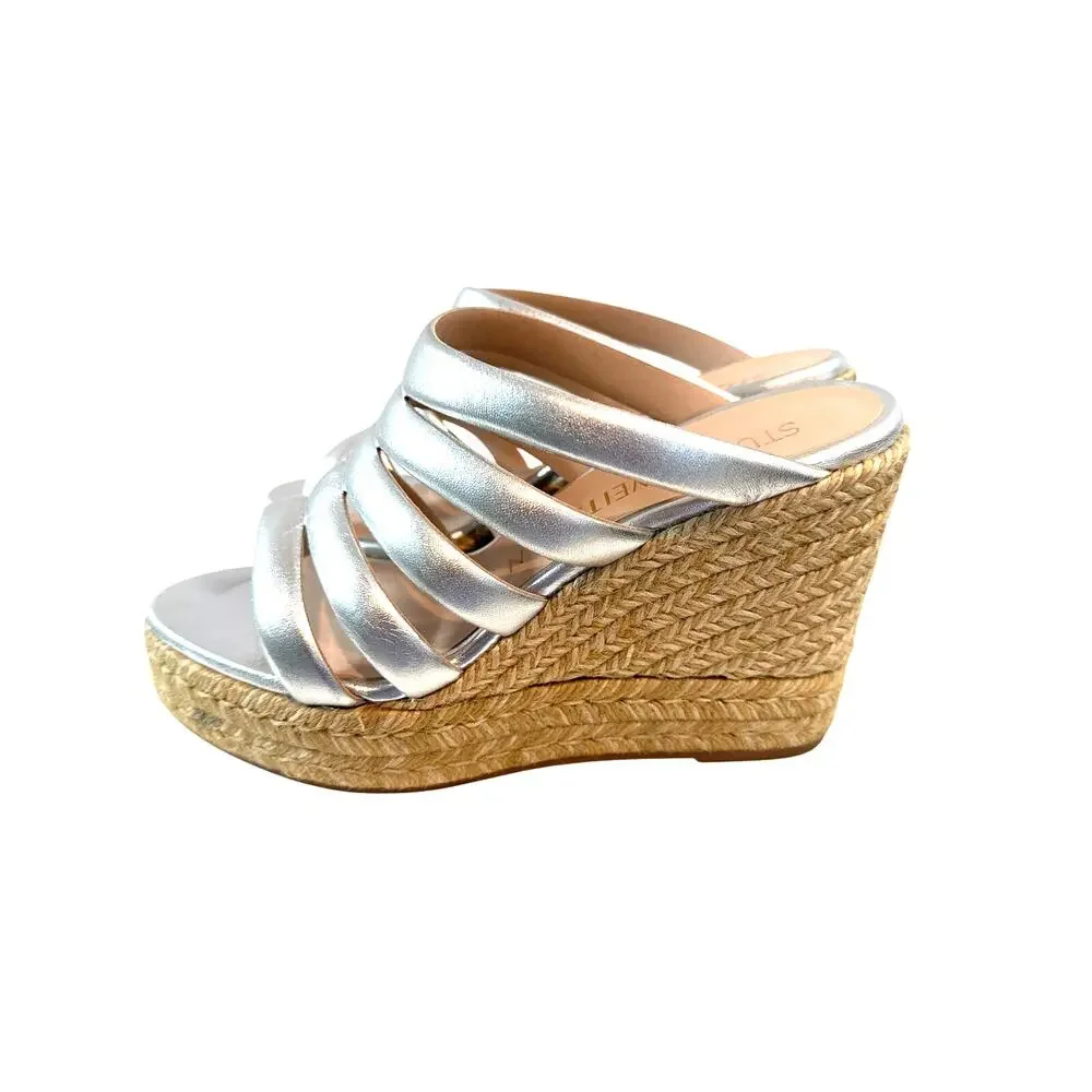 Stuart Weitzman Lilyana Espadrille Wedge in Silver Napa, 8 Wide